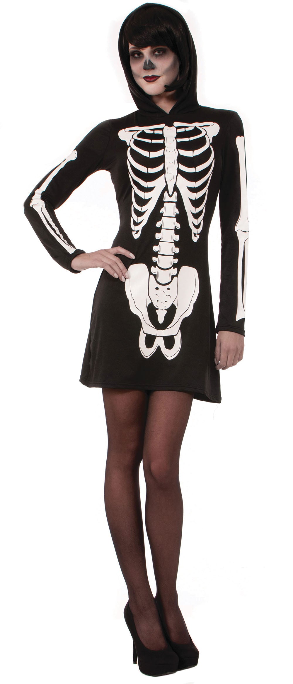 Hooded Skeleton Mini Dress Ladies Costume