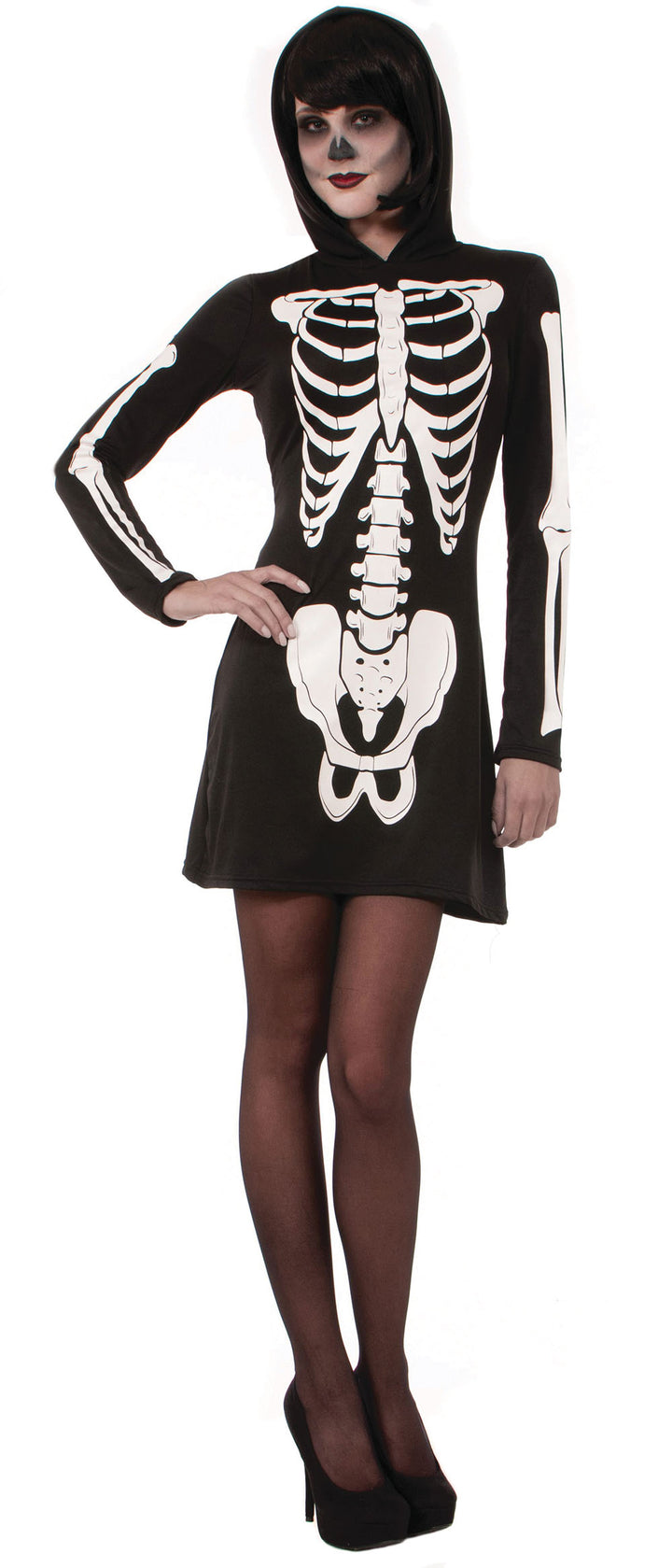 Hooded Skeleton Mini Dress Ladies Costume