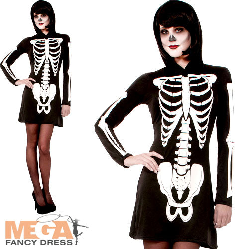 Hooded Skeleton Mini Dress Ladies Costume