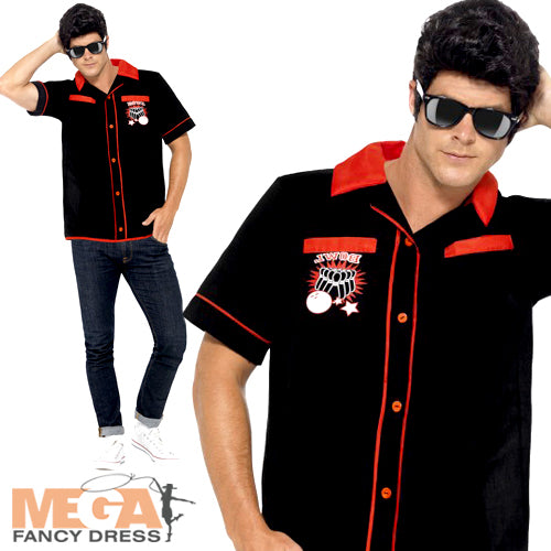 Mens 50s Bowling Shirt Fancy Dress Retro Vintage Rockabilly Costume