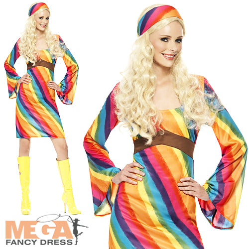 Ladies 60s Rainbow Hippie 70s Groovy Hippy Costume