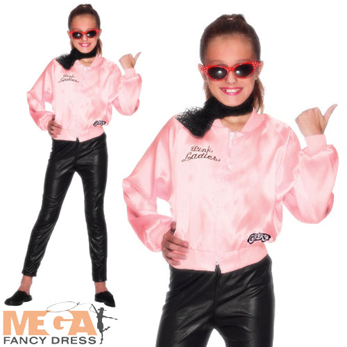 Girls 1950s Grease Movie Pink Ladies Jacket Fancy Dress Costume