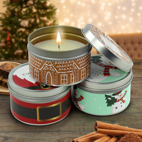 3 Tin Whimsy Christmas Scented Candles Festive Gift Set