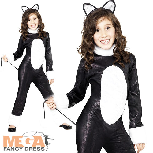 Girls Cool Black Cat Halloween Fancy Dress Costume