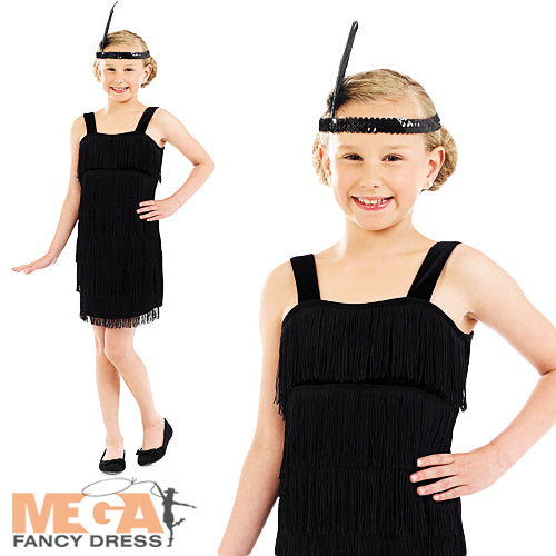 1920s Girls Black Flapper Dress