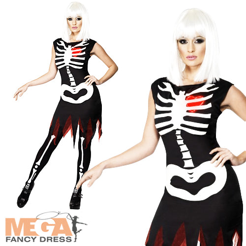 Ladies Bright Bones Halloween Fancy Dress Skeleton Costume