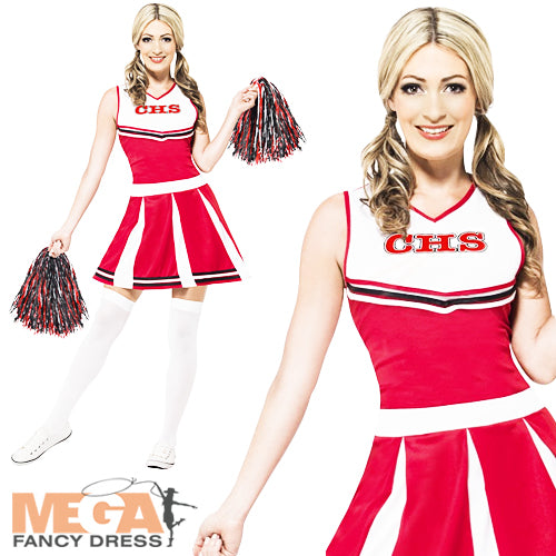 Ladies Cheerleader Sports Uniform Costume + Pom Poms