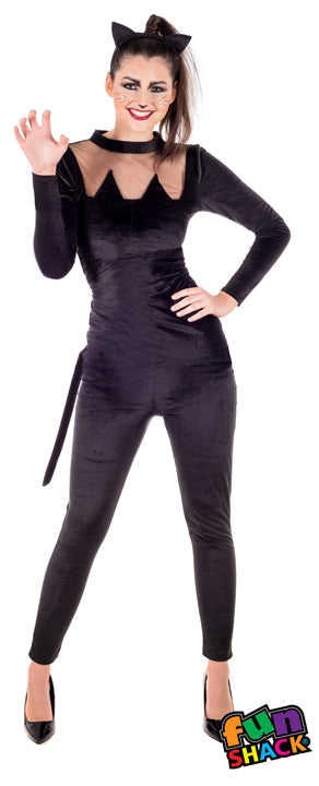 Ladies Black Cat Fancy Dress Witches Kitty Halloween Animal Costume