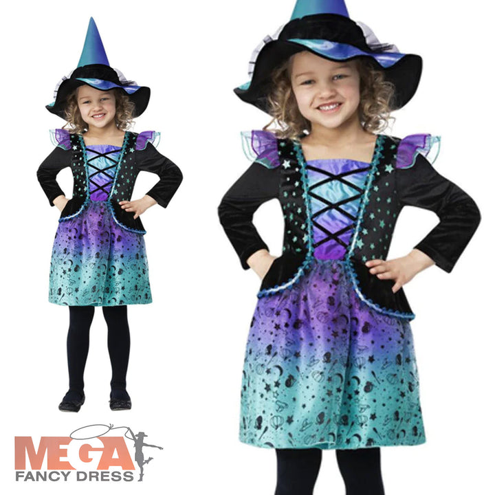Girls Cosmic Witch Halloween Fancy Dress Witches Costume Outfit