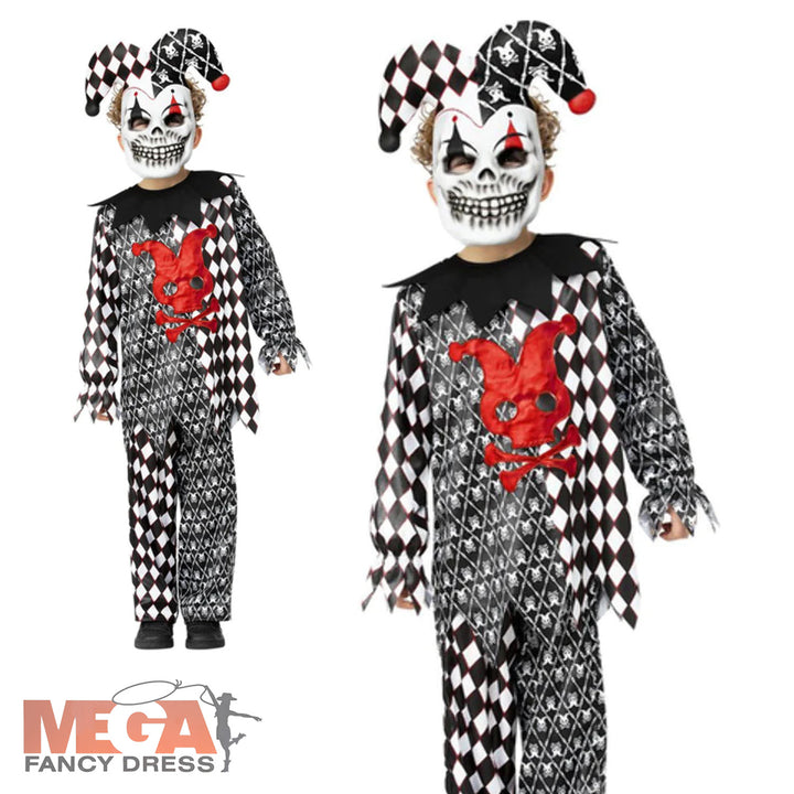 Boys Evil Jester Halloween Horror Circus Clown Costume + Mask