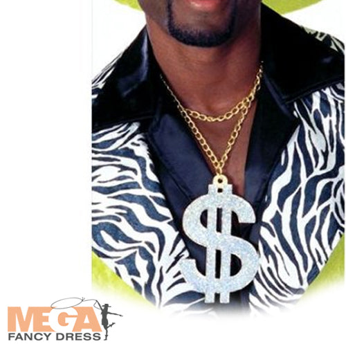 Men's Dollar Sign Necklace Pimp Rapper 80s Fancy Dress Costume Accessory