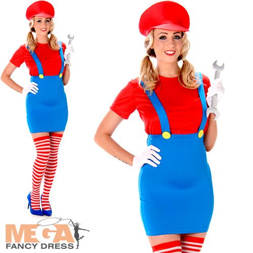 Video Game-Inspired Red Plumber Girl Ladies Costume