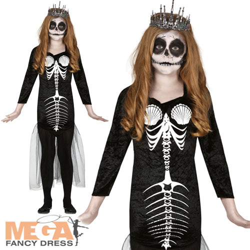 Girls Skull Mermaid Skeleton Halloween Fairy Tale Fancy Dress