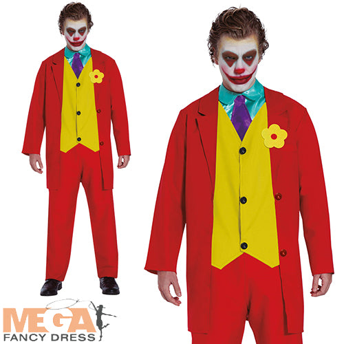 Men's Mr Smile Joker Clown Comic Book Villain Halloween Fancy Dress Costume