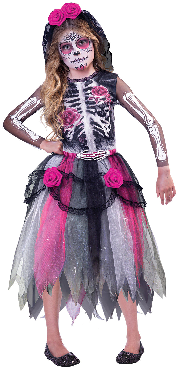 Girls Day of the Dead Senorita Halloween Skeleton Fancy Dress Costume