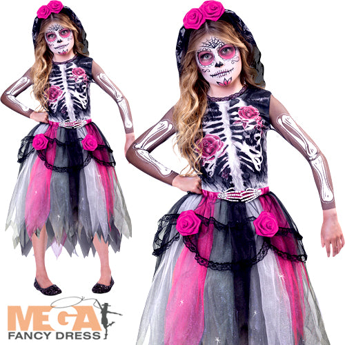 Girls Day of the Dead Senorita Halloween Skeleton Fancy Dress Costume