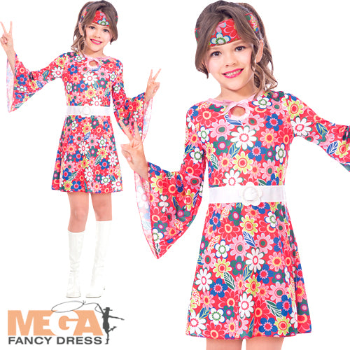 Girls Miss 60s Hippie Peace Fancy Dress Costume