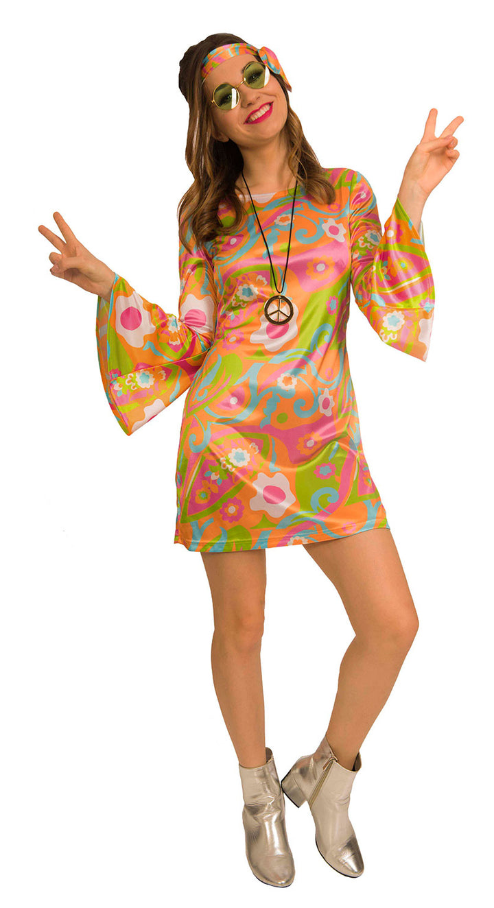 Ladies 60s Groovy Hippy Babe 1960s 70s Retro Hippy Fancy Dress Costume