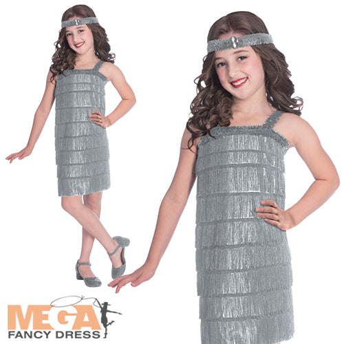 Girls 20s Silver Flapper 1920s Jazz Charleston Gatsby Fancy Dress Costume
