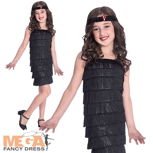 Girls 20s Black Flapper 1920s Charleston Gatsby Showgirl Fancy Dress Costume