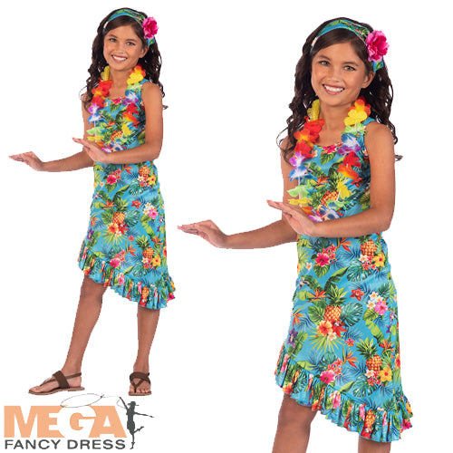 Girls Blue Hawaii Hula Hawaiian Dress Costume