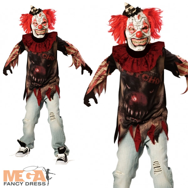 Boys Psycho Sideshow Clown Halloween Horror Circus Fancy Dress Costume