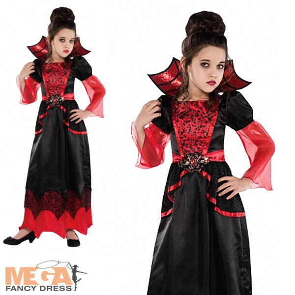 Girls Vampire Queen Halloween Vampiress Fancy Dress Costume
