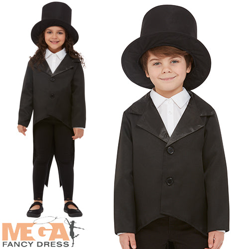 Kids Black Tail Coat & Top Hat Formal Costume Kit