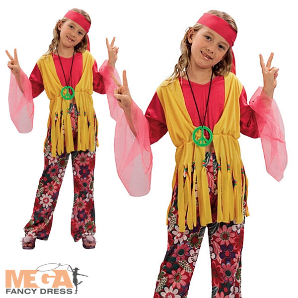 Girls 1960s 1970s Groovy Hippy Hippie Fancy Dress Costume