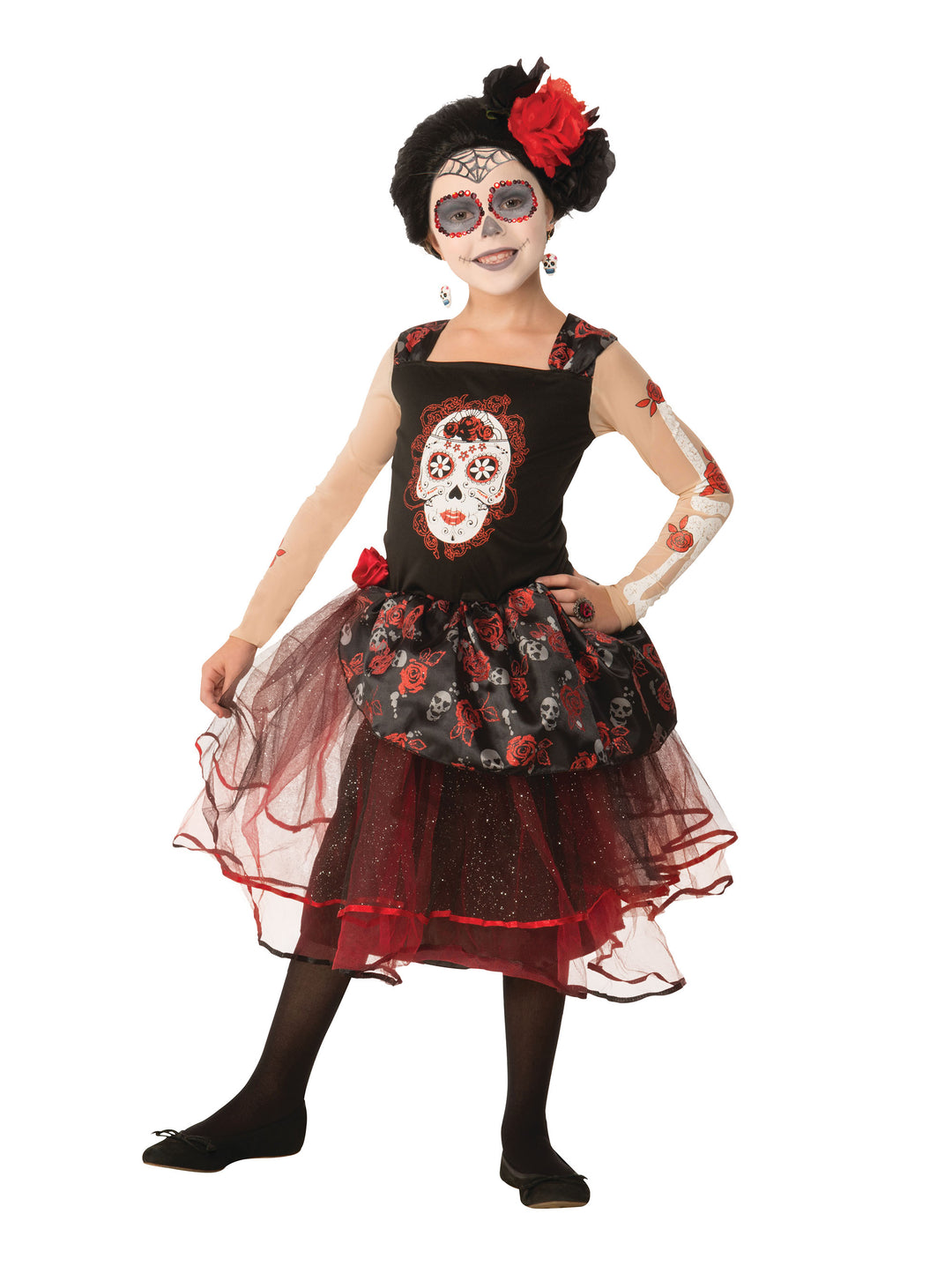 Girls Rose Senorita Mexican Day Of The Dead Skeleton Fancy Dress Costume