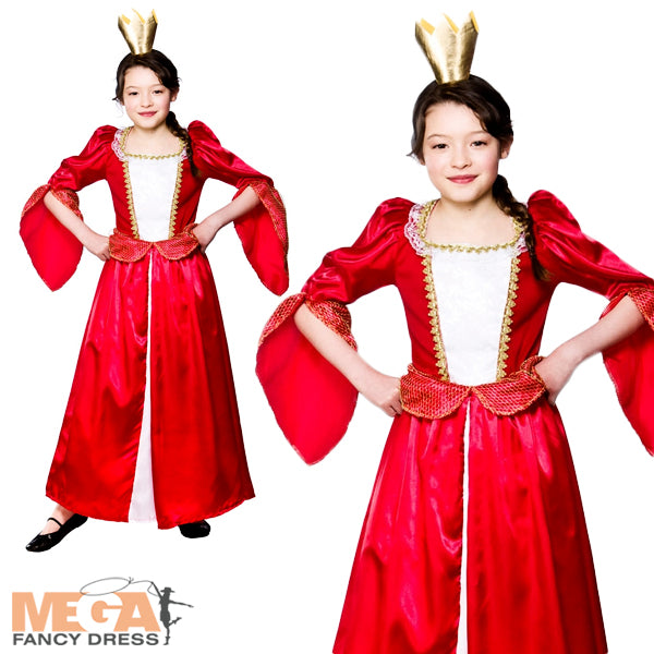 Girls Royal Medieval Queen Fairytale Costume with Crown