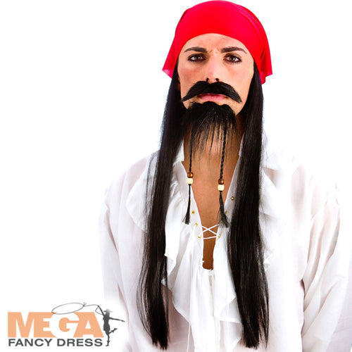 Men's Buccaneer Pirate Wig, Beard & Bandana Fancy Dress Costume Kit