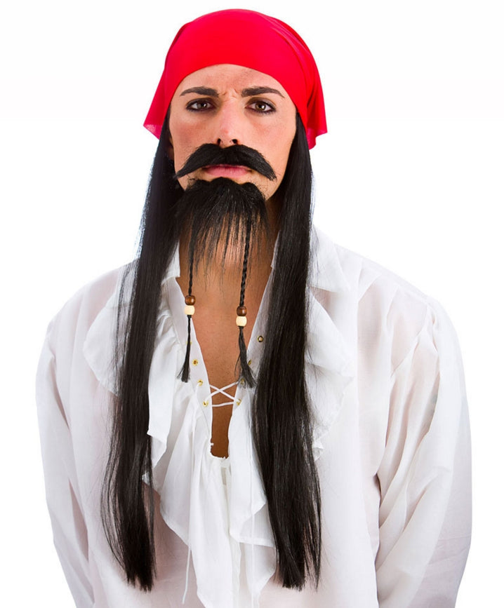 Men's Buccaneer Pirate Wig, Beard & Bandana Fancy Dress Costume Kit