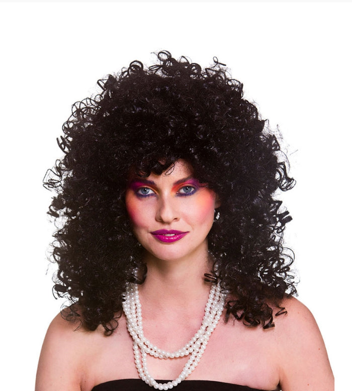 Ladies Black 80s Wild Curl Wig 1980s Cher Fancy Dress Costume Accessory