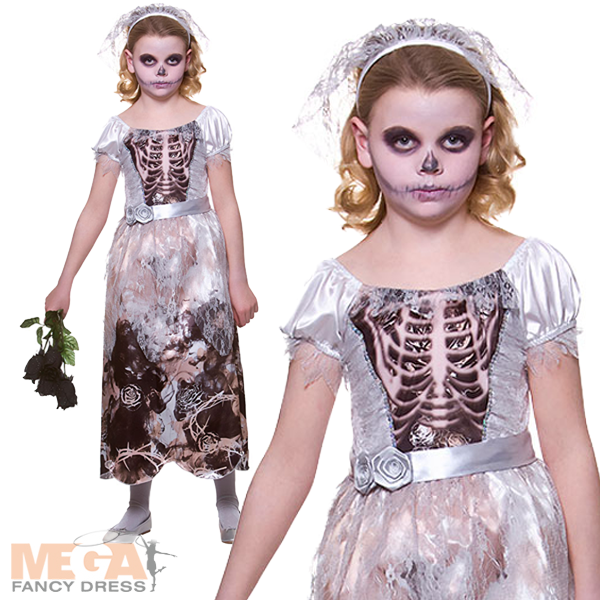 Girls Skeleton Bride Halloween Spooky Bridal Costume