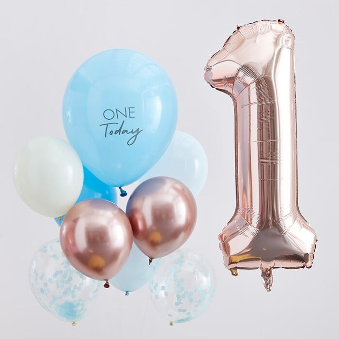 Blue & Rose Gold 1st Birthday Balloons Festive Decor