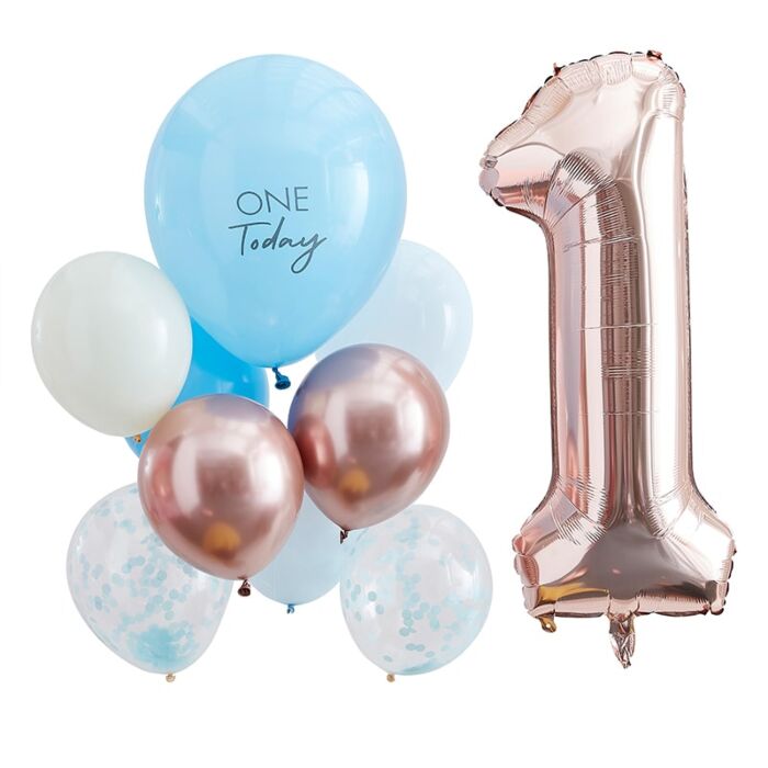 Blue & Rose Gold 1st Birthday Balloons Festive Decor