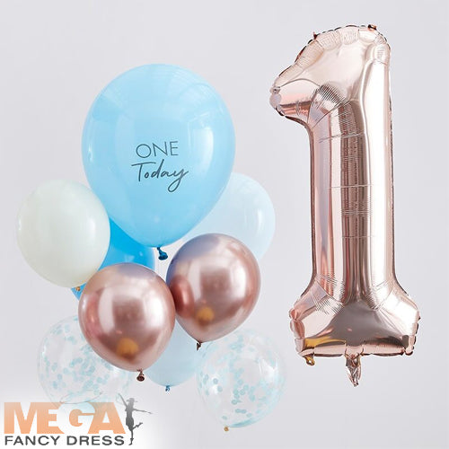 Blue & Rose Gold 1st Birthday Balloons Festive Decor