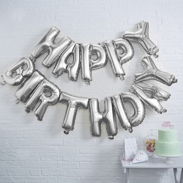 Silver Happy Birthday Foil Balloon Bunting Celebration Decor