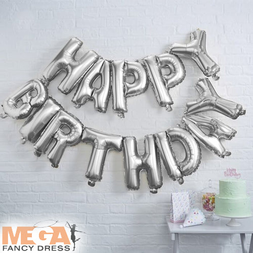 Silver Happy Birthday Foil Balloon Bunting Celebration Decor