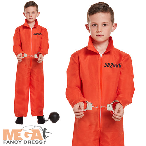 Boys Orange Prison Convict Inmate Overalls Costume