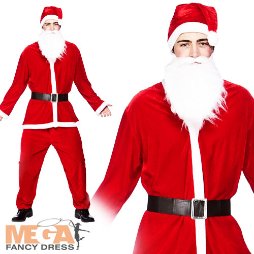 Mens Deluxe Velour Santa Claus Suit + Hat Father Christmas Costume