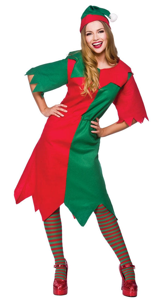 Ladies Elf Santas Helper Christmas Costume + Hat – Mega Fancy Dress UK