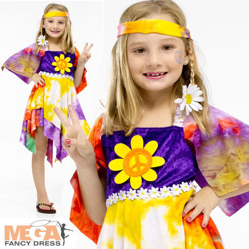 Girls 1960s Groovy Tie Dye Daisy Hippie Fancy Dress Costume