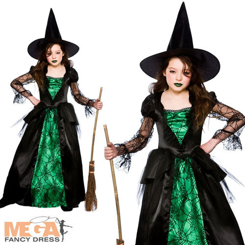 Girls Emerald Witch Halloween Fancy Dress Witches Costume