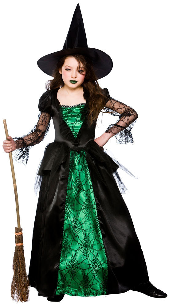 Girls Emerald Witch Halloween Fancy Dress Witches Costume