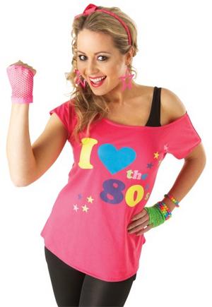 Ladies Retro 1980s Disco "I Love the 80s" T-Shirt Fancy Dress Costume