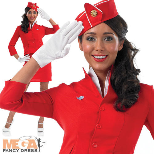 Ladies Red Cabin Crew Fancy Dress Virgin Air Hostess Costume