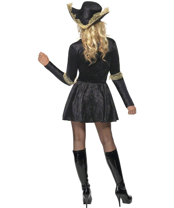 Ladies Fever Swashbuckler Pirate Black and Gold Fancy Dress Costume + Hat