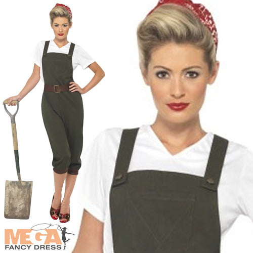 Ladies Land Girl 1940s British History Army Fancy Dress Costume UK 8-16
